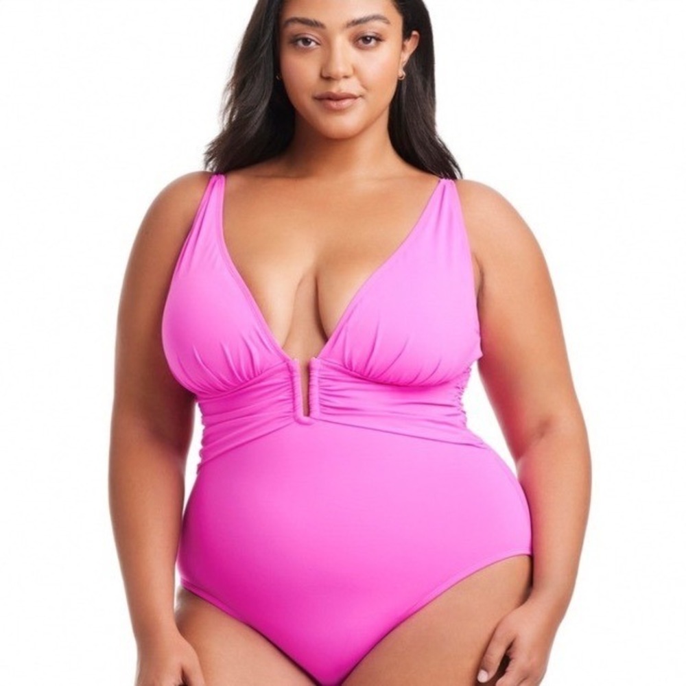 Bleu Rod Beattie Dahlia Pink One Piece Swimsuit V-Neck Ruched 22W $98